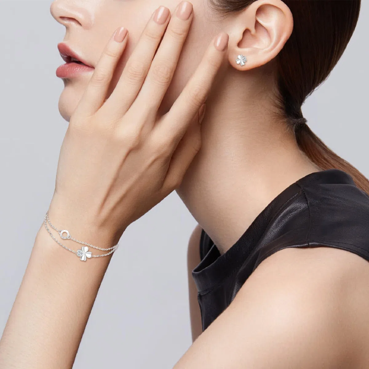 Conjunto joyas de 3 piezas, collar de plata trébol para mujer, pulsera de cadena trébol, y pendientes de trébol para niña, plata de ley 925 juegos de joyas para novia mamá hija fiesta