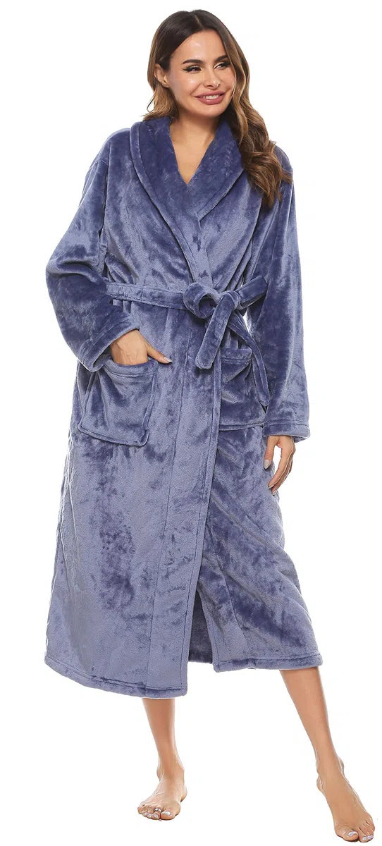 Vlazom Ropa de Casa Mujer Invierno Polar, Largo Albornoz de Felpa para Señora, Abrigo de Estar por Casa con Cinturón S-XL