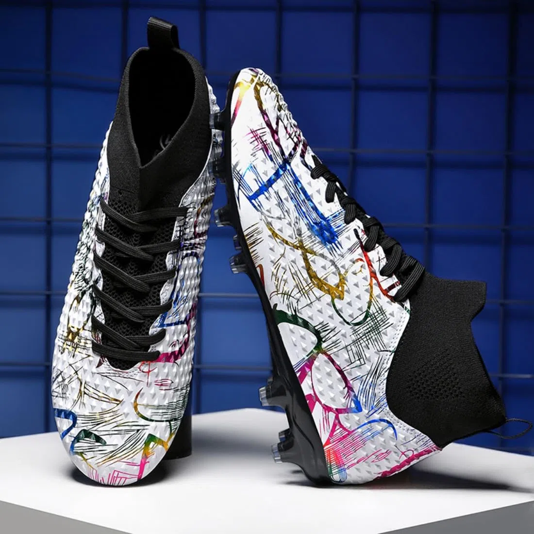¡Fuego Flamenco Español · Falla de Lava! Zapatos de Fútbol Alto Tobillo con Tacos AG – Diseño Étnico Control Balón, Filo Rompe Aire Corta Espinas!