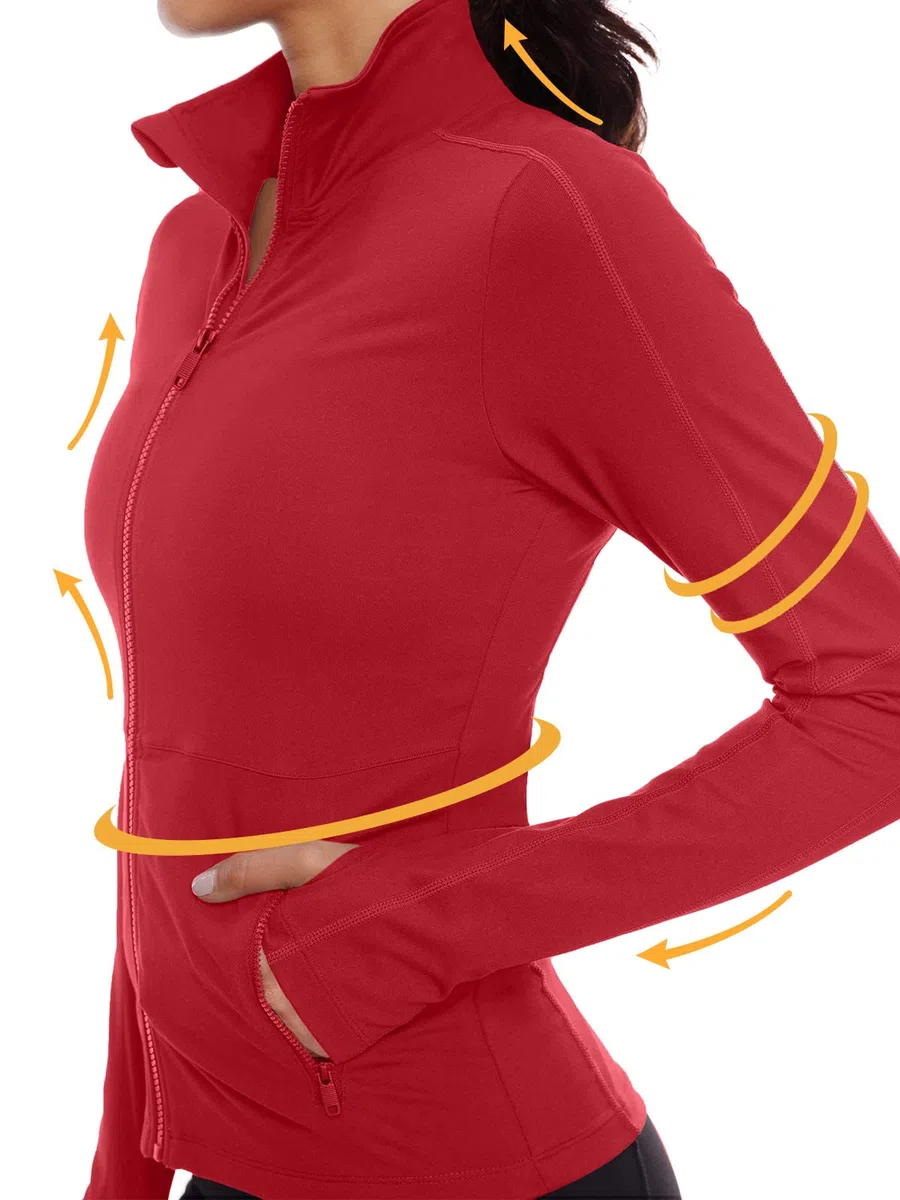 VUTRU Chaqueta deportiva para mujer, de manga larga, para fitness, yoga, transpirable, con bolsillos, orificios para el pulgar con cremallera