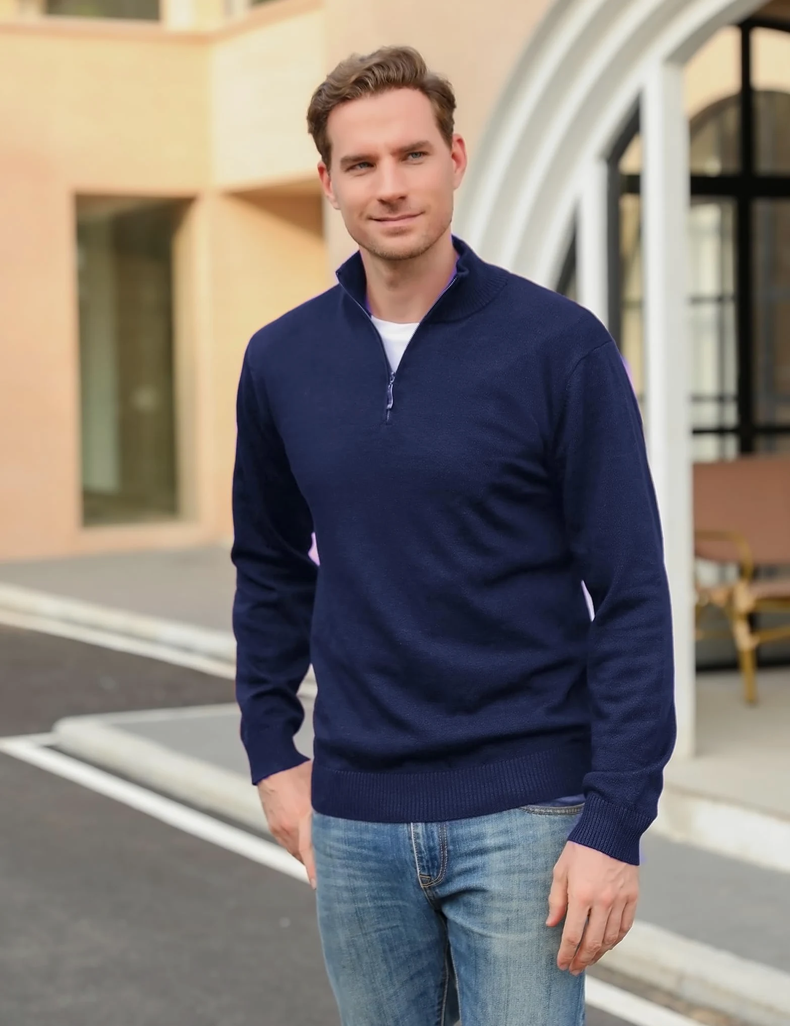 Sykooria Jersey Hombre Invierno Cuello Alto Suéter de Punto Hombre Manga Larga Pullover con Cremallera Clásico Ajustado y Elegante S-XXL