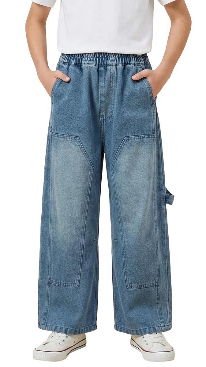 SEAUR Pantalones de mezclilla holgados de pierna ancha para niños, cintura elástica, pantalones de mezclilla para niños, pantalones cargo vintage Y2K, algodón, 6-15 años