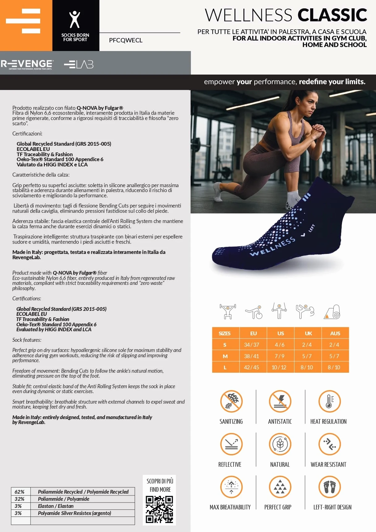 R-EVENGE Calzado técnico Wellness con agarre perfecto en superficies secas. Hilo de plata higienizante y termorregulador. Ideal para yoga, pilates, gimnasio, step, gimnasia postural.