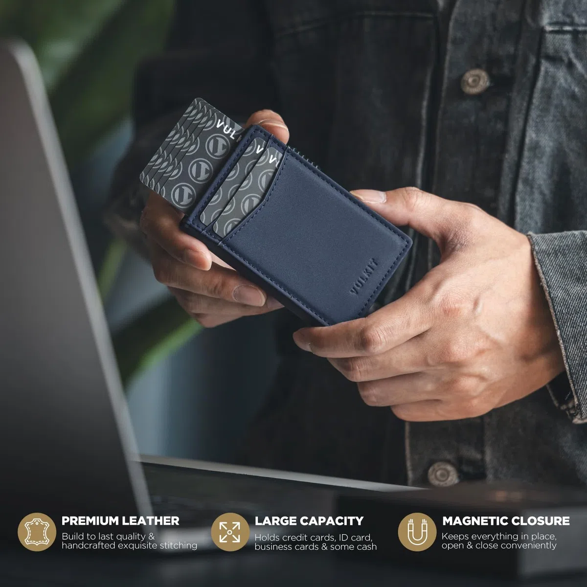 VULKIT Tarjetero Delgado con Bloqueo RFID para Hombre Tarjetero Automático Emergente para Tarjetas y Notas con Cierre Magnético