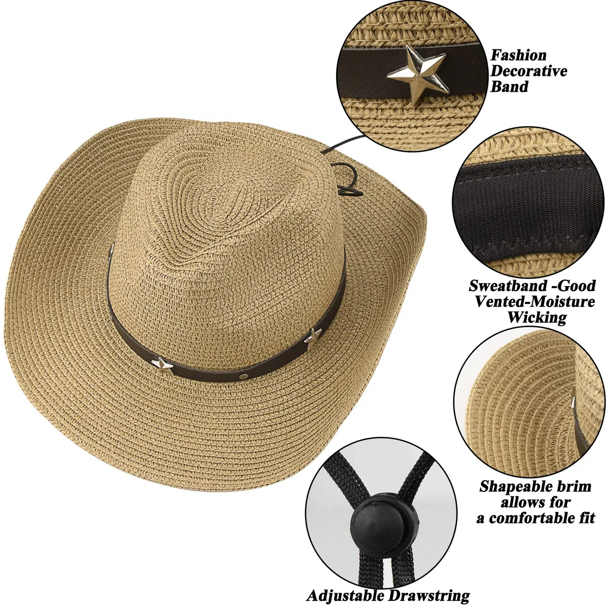 Sombreros de Vaquero de Paja para Mujer, Sombrero de Vaquero Occidental de ala Ancha, Sombreros de Verano para Hombres, Caqui, Talla única