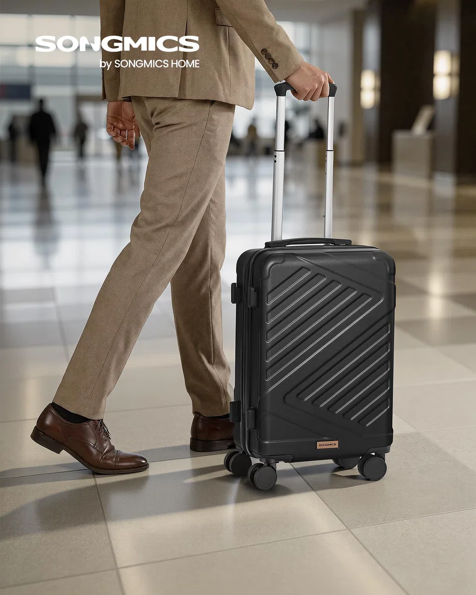 SONGMICS Maleta Cabina, Maleta Rígida de Viaje, Equipaje de Mano, Candado TSA, Correa Incluida, ABS, 4 Ruedas Dobles, Tamaño Cabina, M, 55 x 36 x 20 cm, Negro Tinta RLP001B101