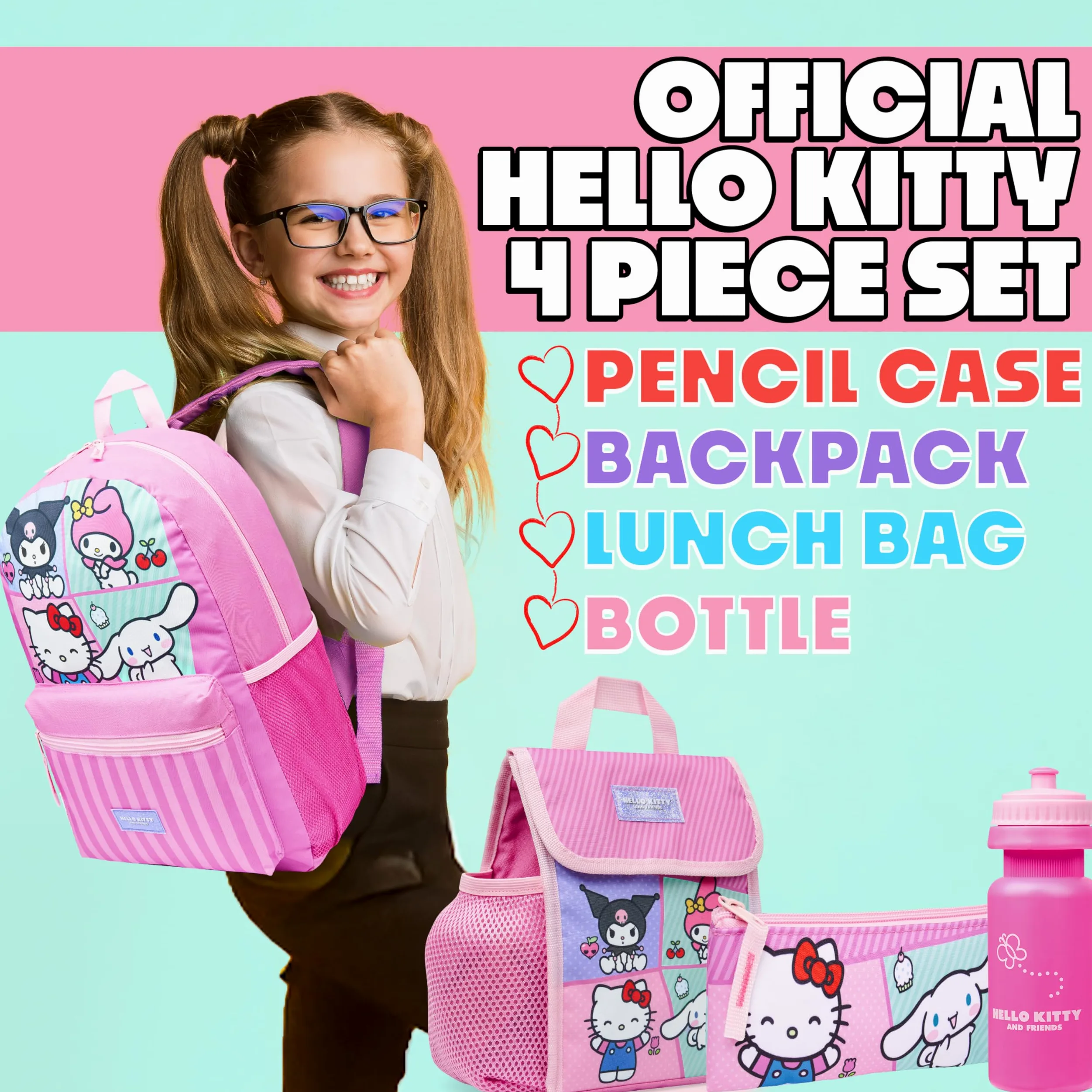 Hello Kitty Sanrio Mochila Escolar Set de 4 Piezas con Botella Agua Estuche Bolsa Almuerzo Cinnamoroll Kuromi Material Escolar