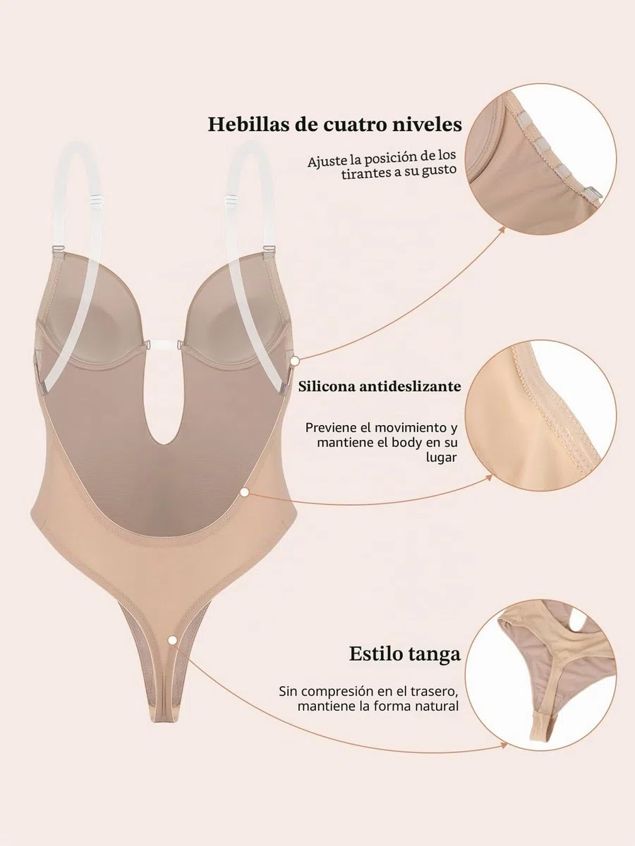 SHAPERIN Mujer Body Reductor con Sujetador Push Up Cuello en V Profundo Body Faja Tanga Sin Espalda Shapewear Bodysuit Sin Costuras