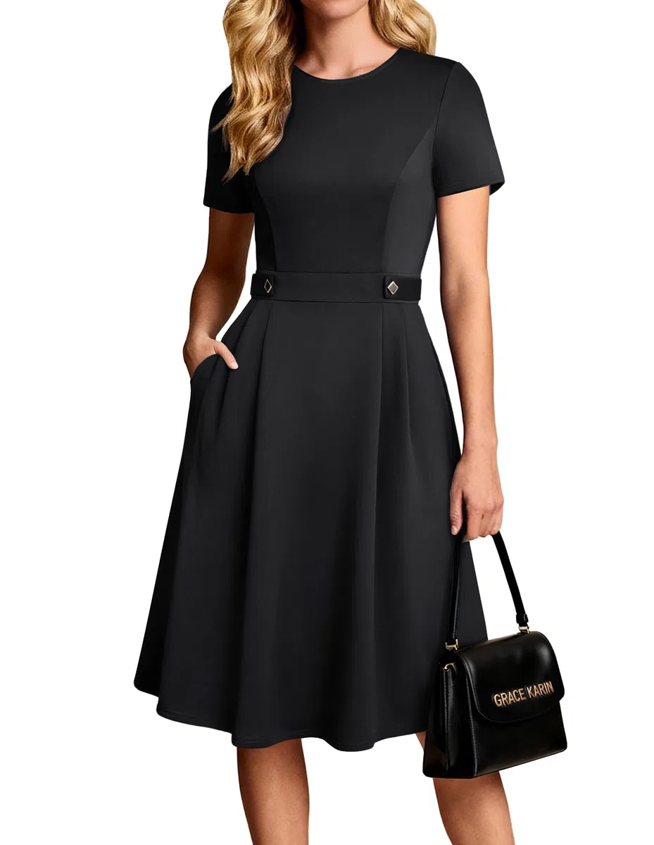 GRACE KARIN Vestidos acampanados para mujer, elegantes del Reino Unido, cuello redondo, manga corta con bolsillos, vestido de negocios, graduación, invitada de boda