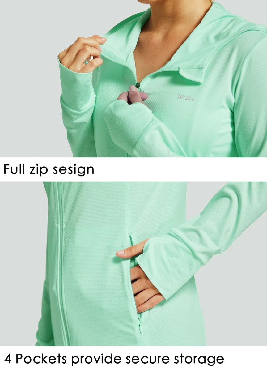WILLIT Chaqueta deportiva para mujer, de manga larga, protección solar, con capucha, protección UV, UPF 50, ligera, yoga, fitness, senderismo, con bolsillos