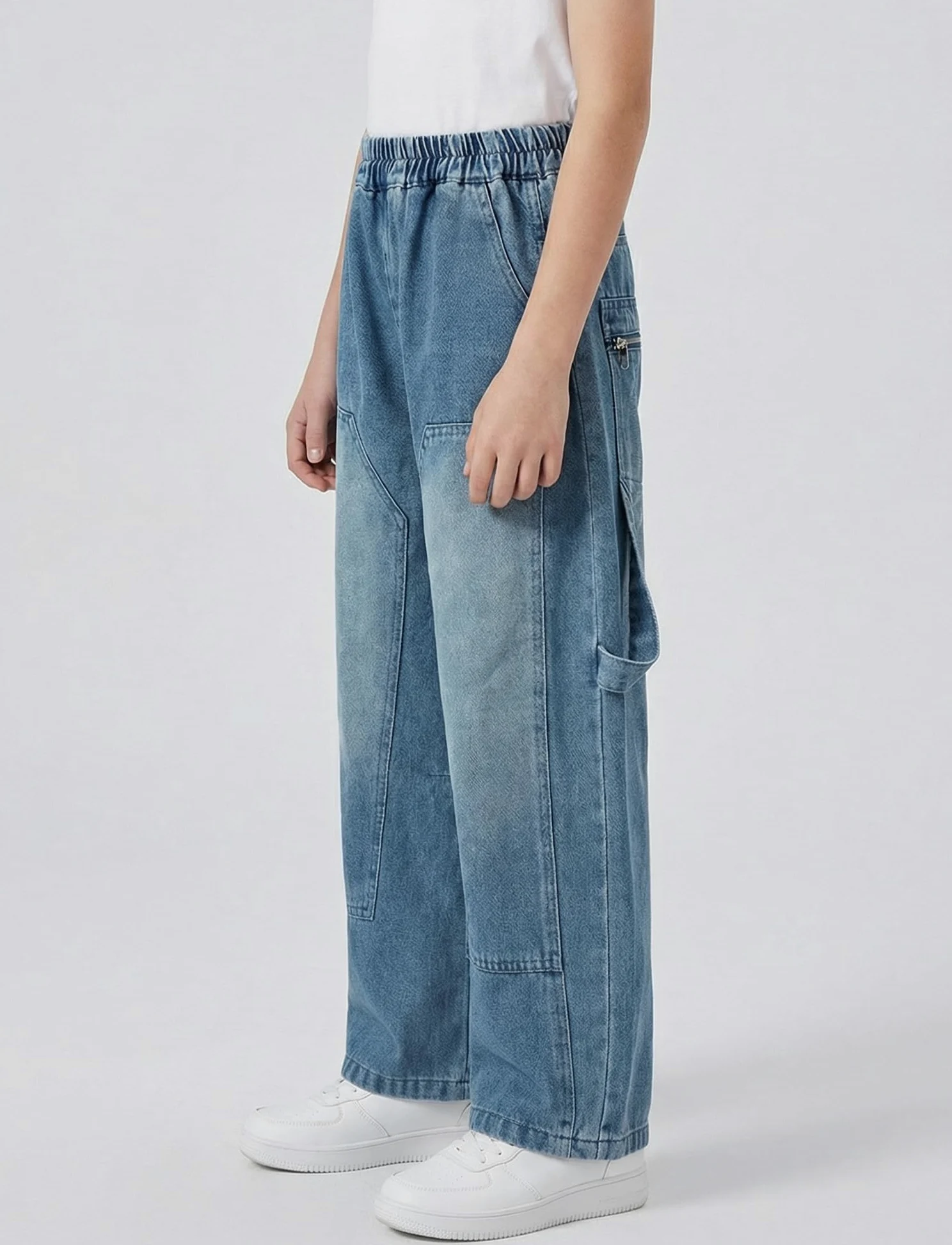 SEAUR Pantalones de mezclilla holgados de pierna ancha para niños, cintura elástica, pantalones de mezclilla para niños, pantalones cargo vintage Y2K, algodón, 6-15 años