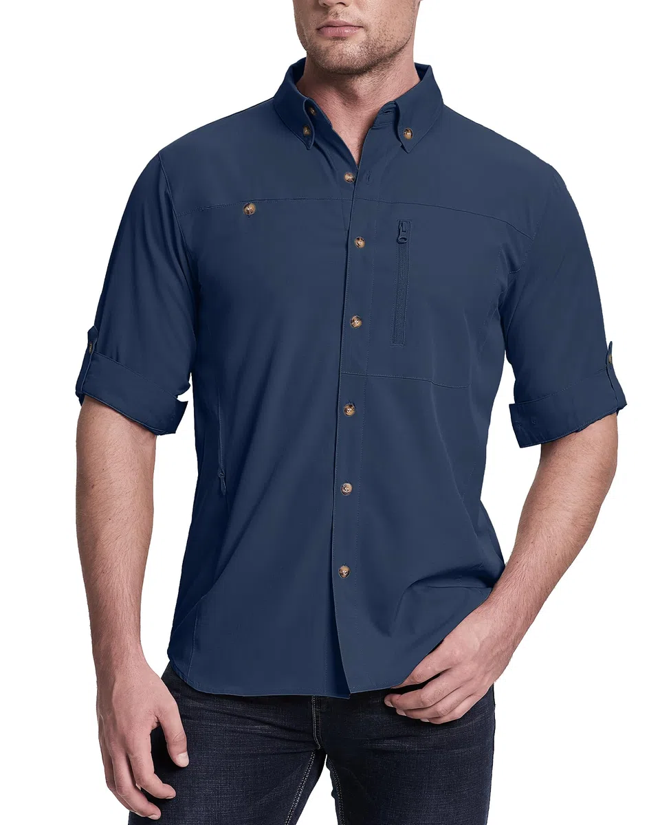 33,000ft Safari Camisa deportiva de manga larga para hombre, UPF50+, protección UV, transpirable, con botones, con bolsillos, para senderismo, pesca, viajes