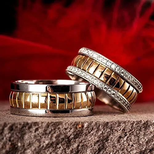 Conjunto de alianzas de boda a juego para parejas chapadas en oro de 14 quilates Conjunto de anillos de bodas de plata personalizados para hombre y mujer