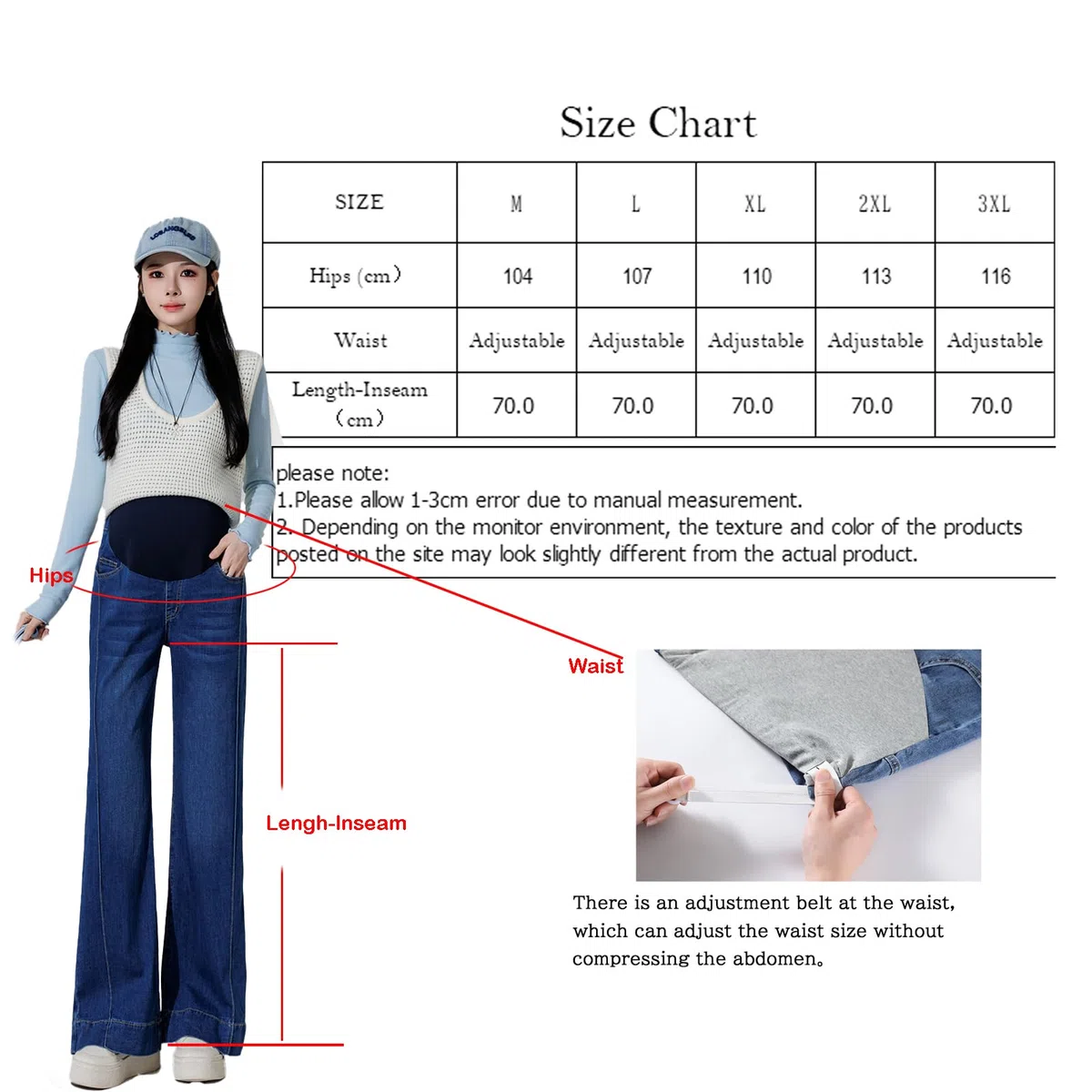 Pantalones vaqueros embarazados para mujer, cintura ajustable, corte ancho, pantalones vaqueros elásticos con bolsillos para mujeres pequeñas de hasta 170 cm