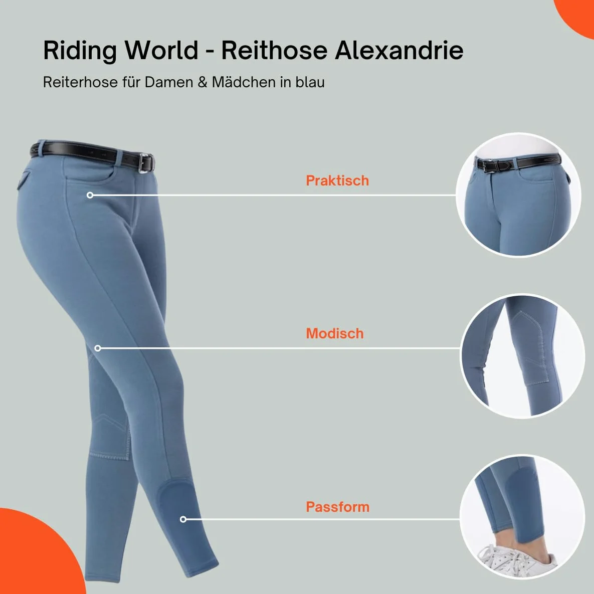 RIDING WORLD - Pantalones de equitación para mujer y niños Alexandrie | Pantalones de equitación con ribete en las rodillas de tela | con bolsillos delanteros | Leggings de equitación en seis colores