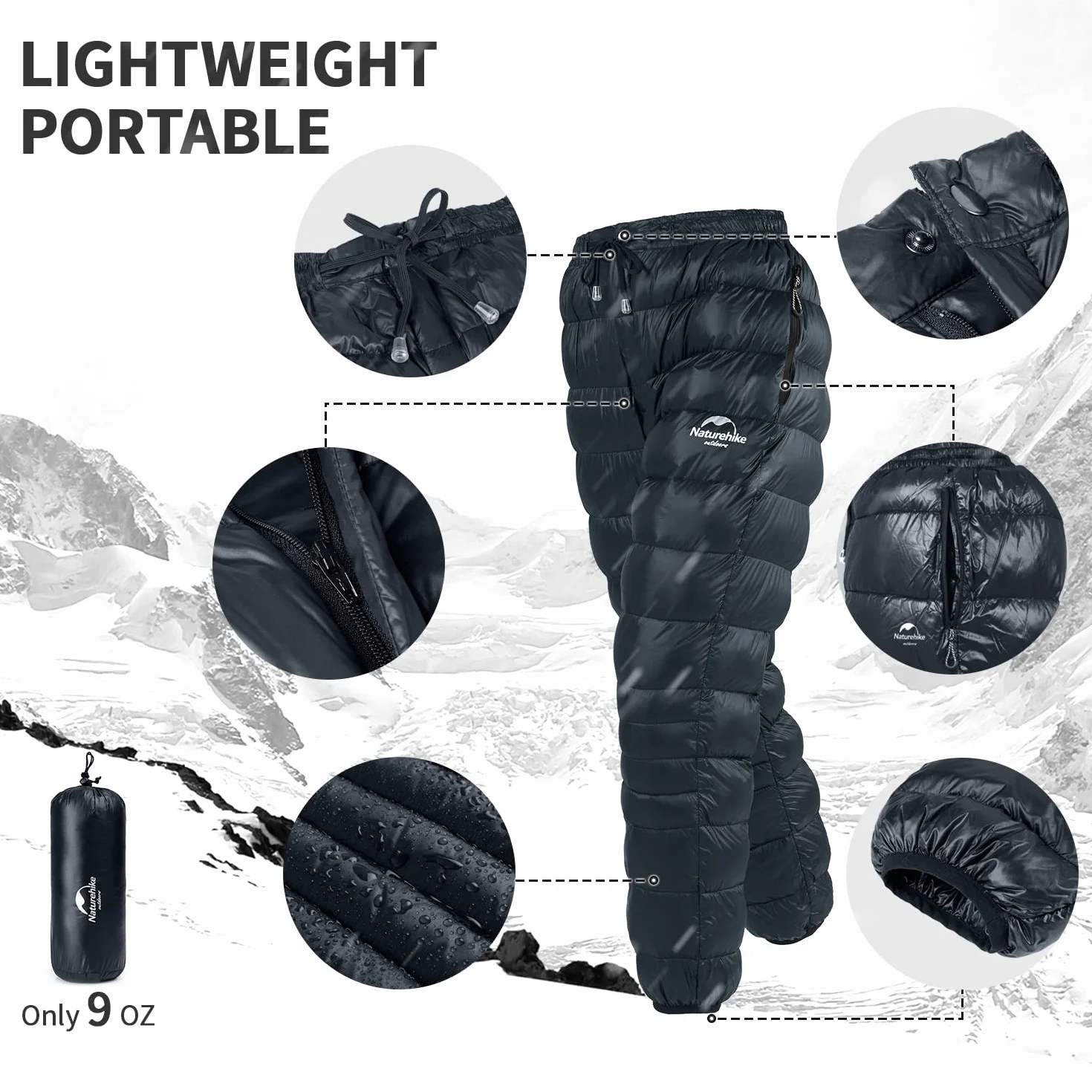 Naturehike Pantalones de Plumón de Invierno Ultraligero Cálido Bolsillo Lateral Pantalones de Terciopelo Hombres Mujeres Impermeable Pantalones de Nieve al Aire Libre Acampar