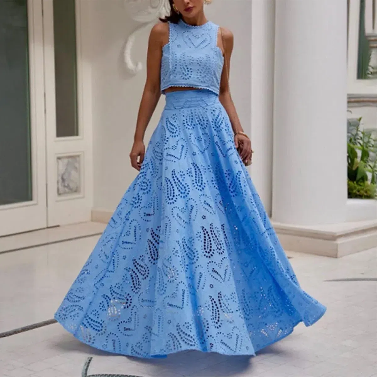 Conjunto de vestido de 2 piezas para mujer, camiseta sin mangas con cordones y falda elástica con cintura elástica, ropa de descanso, elegante vestido largo de dos piezas, ropa de calle, trajes de