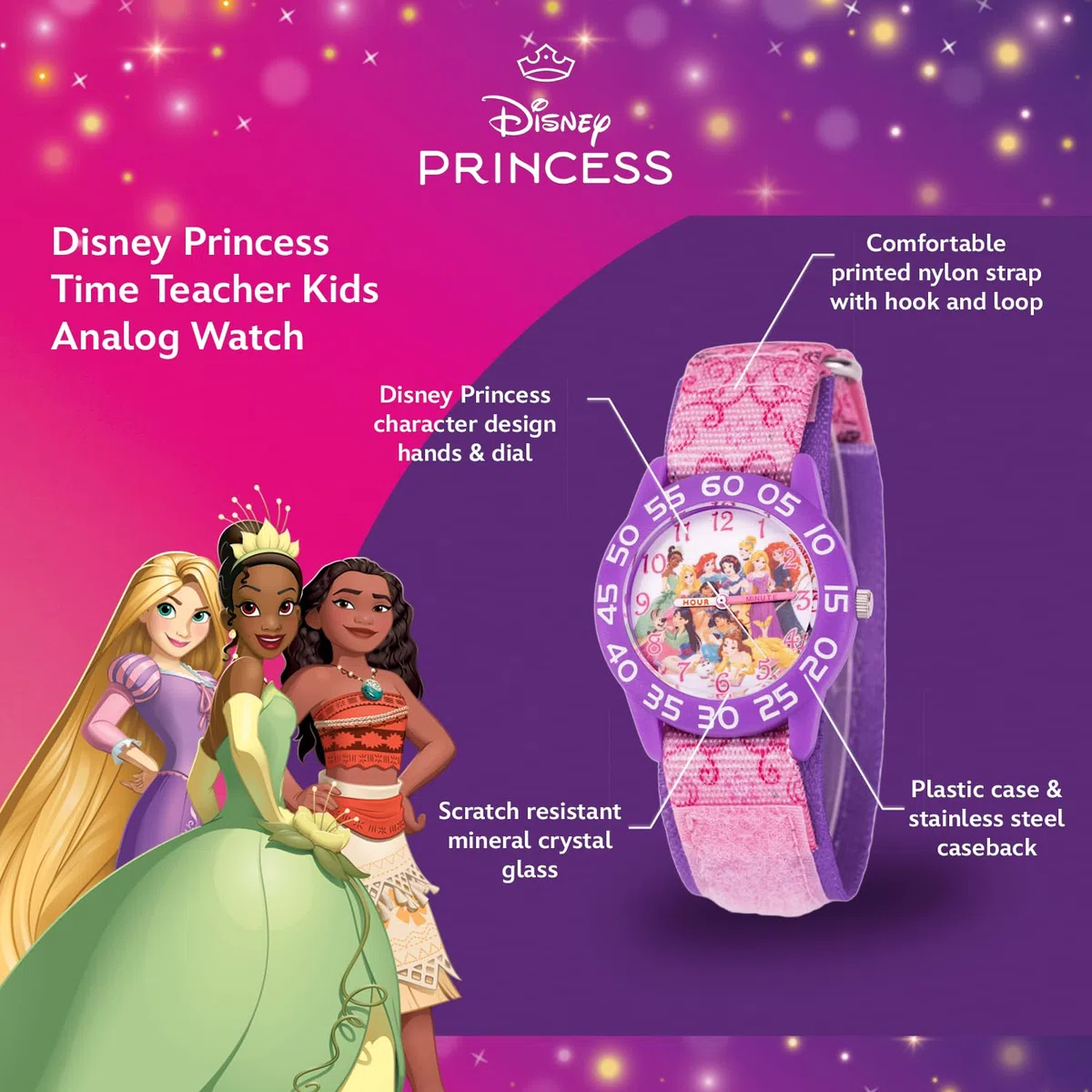 Disney Reloj de Princesa para niñas – Reloj de Princesa para niños con Bisel Rosa y Correa de Nailon Morado – Relojes niñas de 4 a 7 años