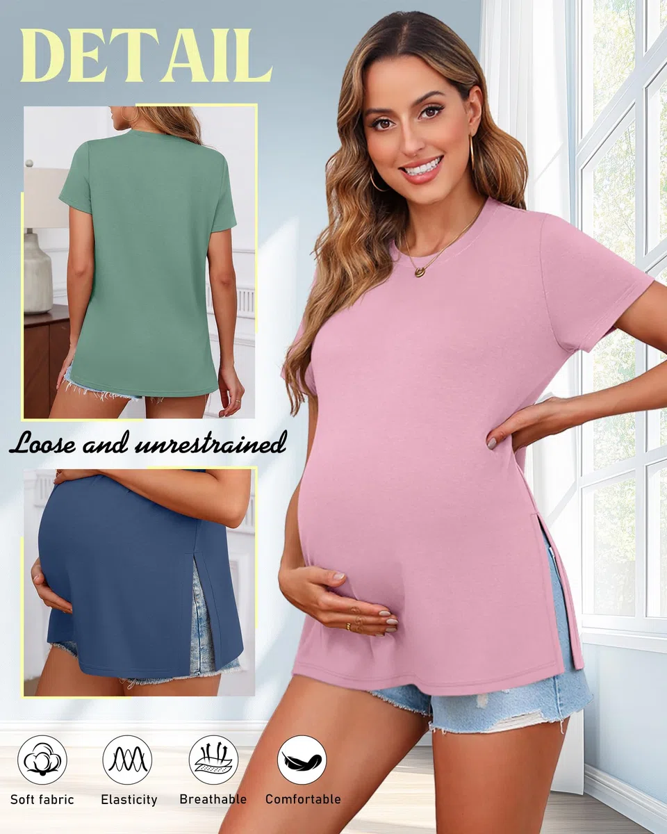 Ficerd Paquete de 3 Camisetas de Maternidad para Mujer De, Manga Corta, Aberturas Laterales, Cuello Redondo, Estilo Casual