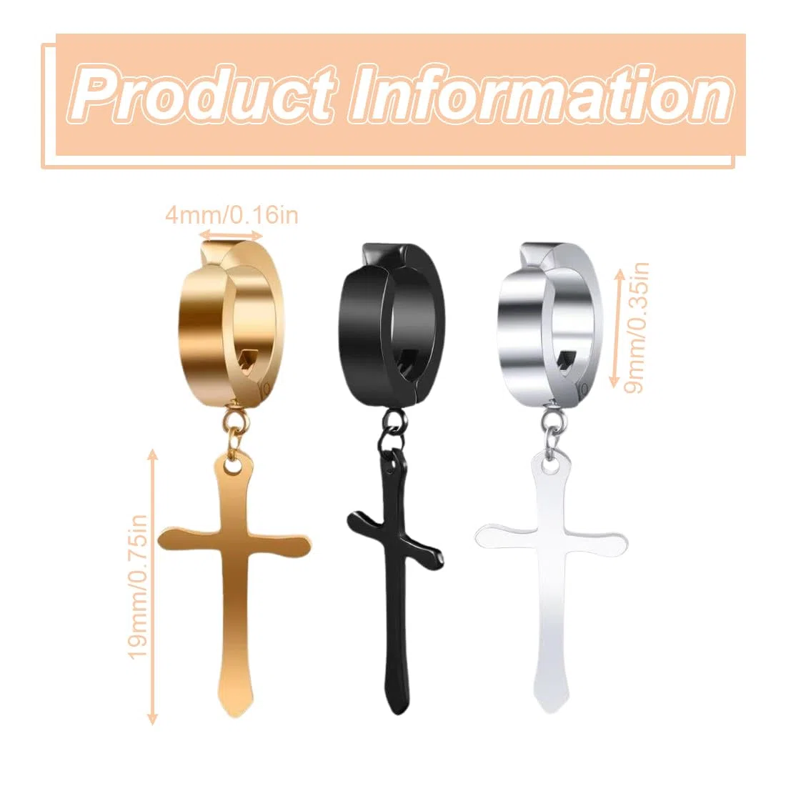 3 pares de pendientes de cruz, pendientes colgantes de cruz, acero inoxidable, pendientes de clip, juego de pendientes punk para hombre y mujer (negro, plateado, dorado)