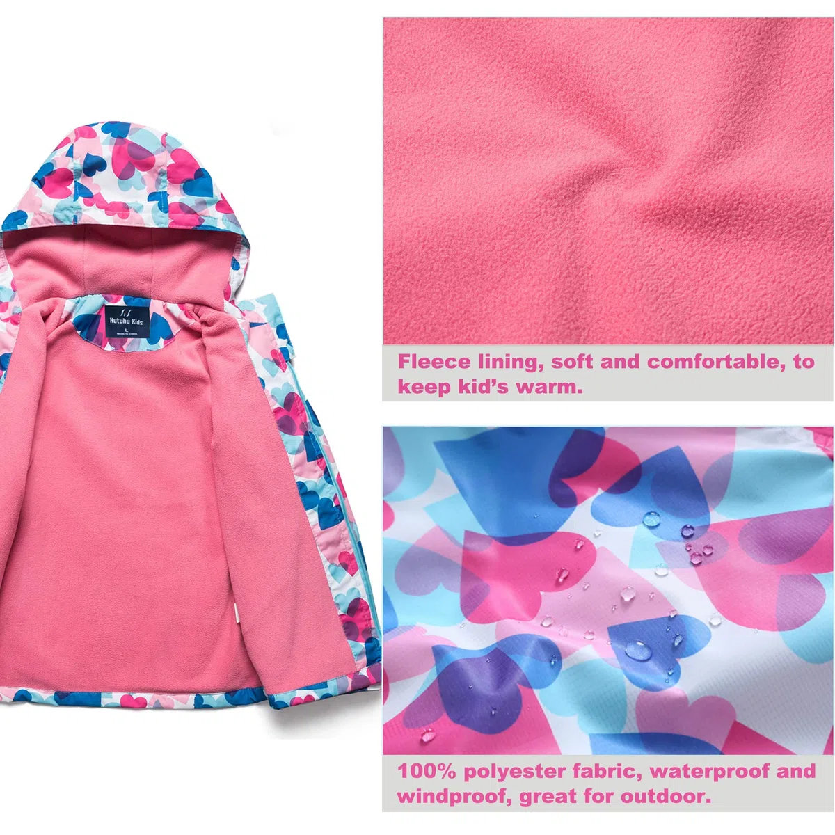 Fewlby Chaqueta Impermeable con Capucha para Niña, Cortavientos con Forro Polar Ligera Abrigo Prueba de Viento Chubasquero Primavera Otoño Abrigos Deportivos 3-10 Años