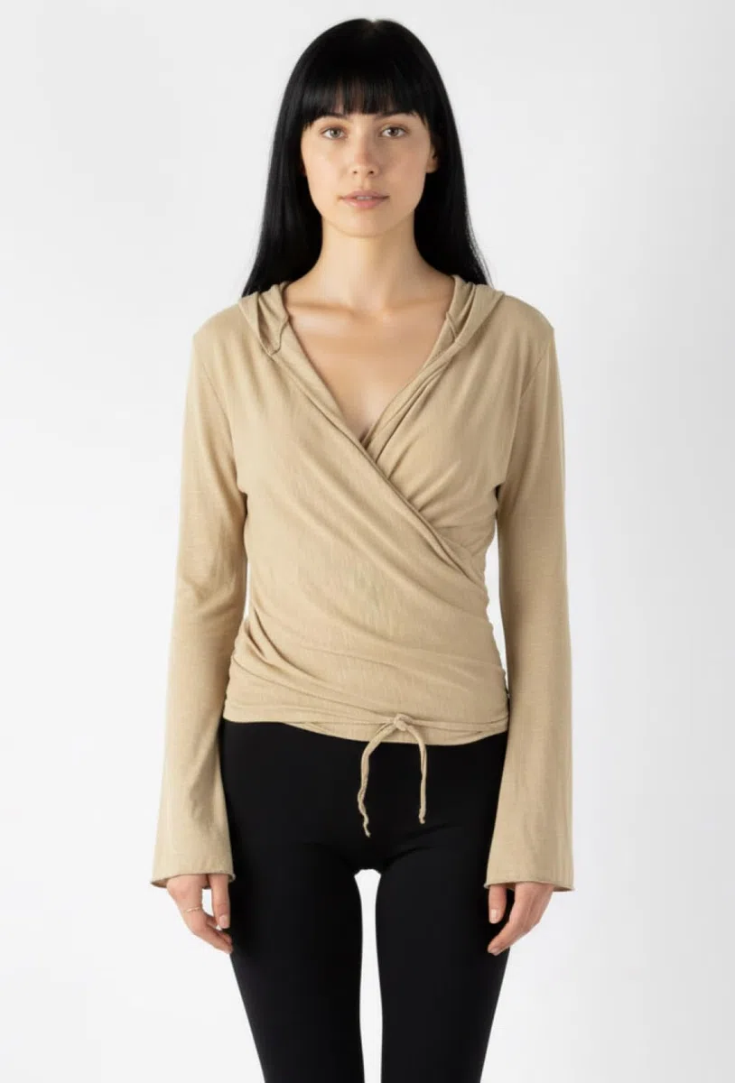 GURU SHOP Camiseta envolvente, camiseta de yoga, camiseta de manga larga con mangas de trompeta, para mujer, algodón, jersey, manga larga y sudaderas alternativa