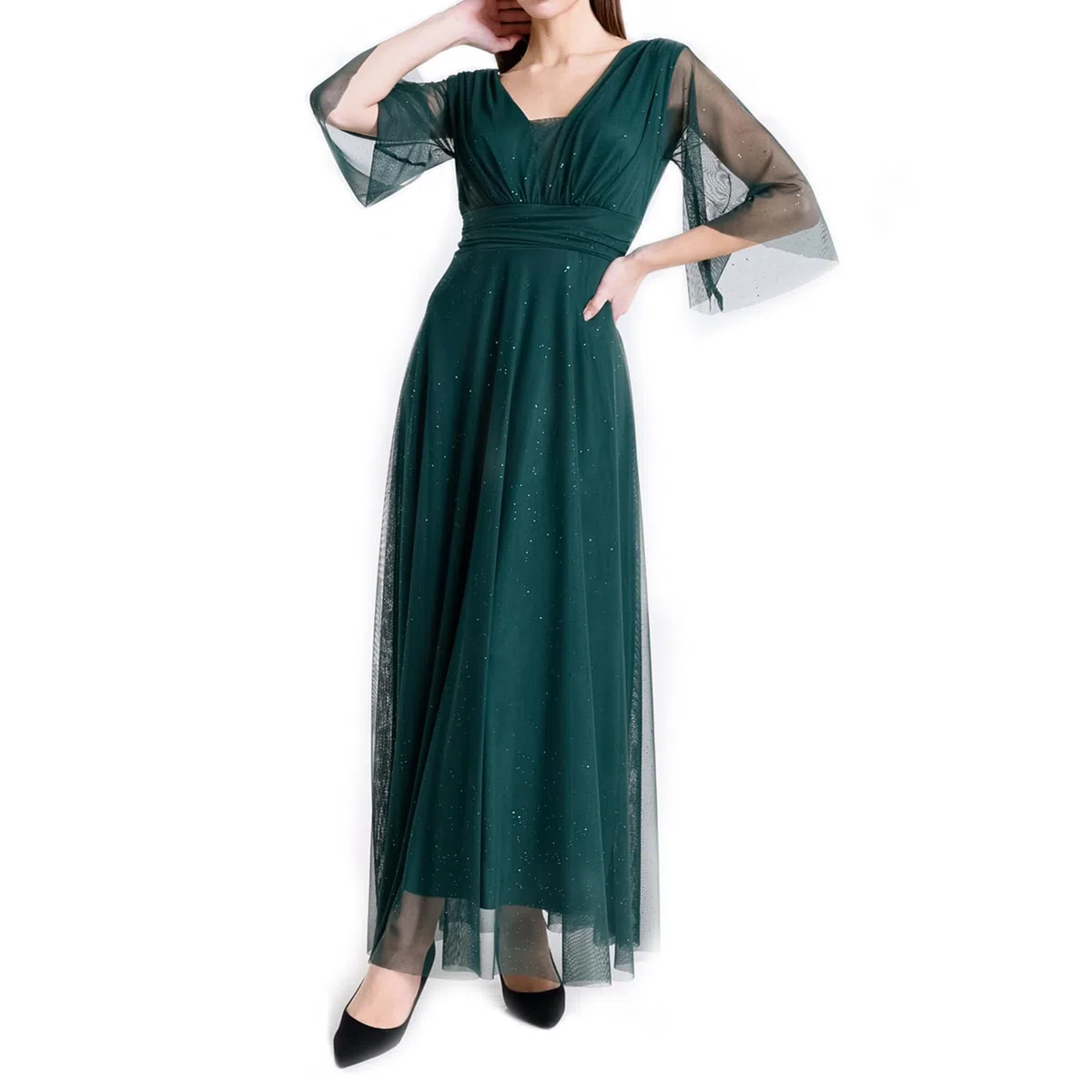 Vestido largo elegante para mujer, de ceremonia, mangas 3/4 y cuello en V, talla única ajustable, ideal para bodas, eventos y fiestas. Fabricado en Italia