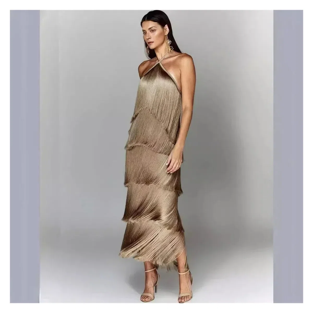 Vestido Flecos Vestido con Flecos en el Cuello y Espalda Descubierta for Mujer