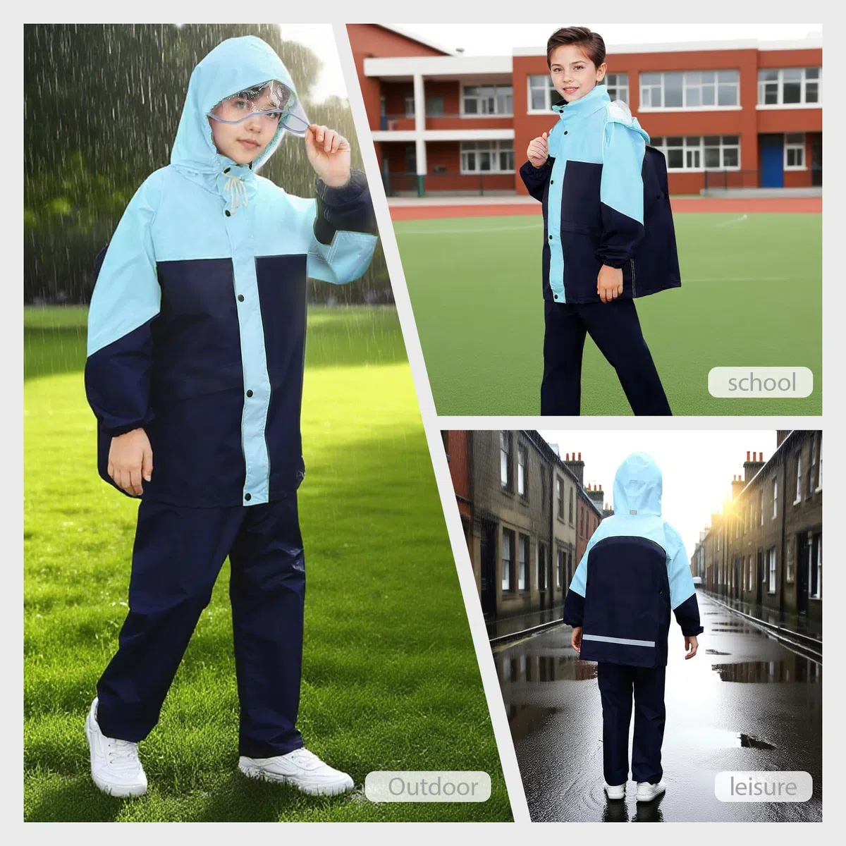 Chubasquero Impermeable Niño Niña Chaqueta Lluvia & Pantalones Traje con Capucha y Bolsa Portátil Impermeable Traje de Lluvia Conjunto Ligero Aire Libre Abrigos para Adolescente 8-14 años