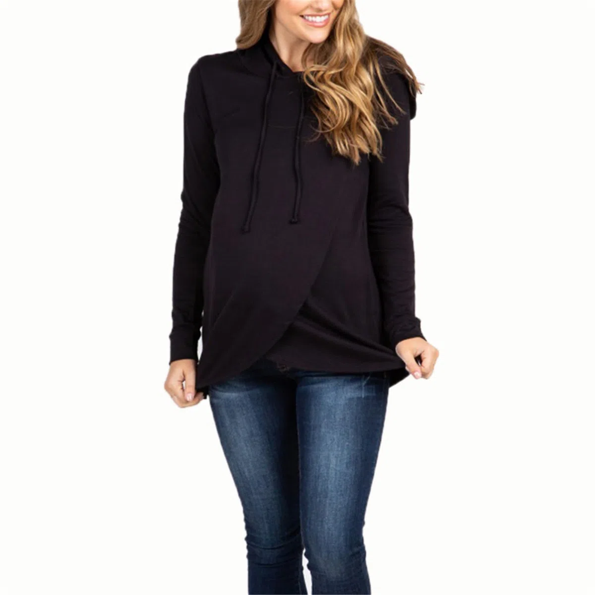 Sudadera de maternidad elástica para invierno, con capucha, tela transpirable, ajuste espacioso, ropa de embarazo, cordón ajustable, algodón y poliéster, sudadera de maternidad