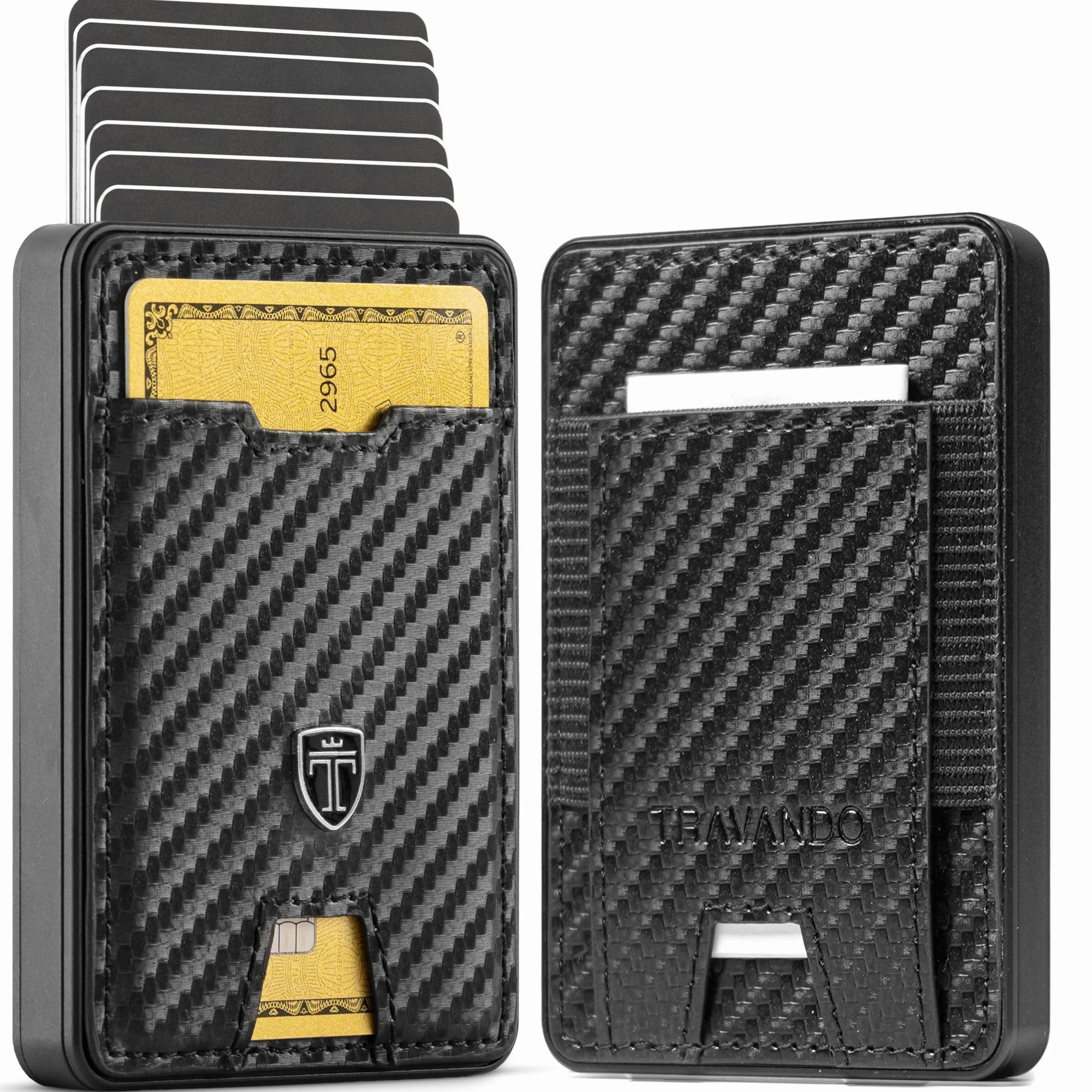 TRAVANDO SWYPE Aluminio Cartera Tarjetero Hombre - Carteiras Homens con Proteccion RFID - Monedero pequeño - Smart Wallet for Men - Carteira Porta Cartao (Bandeja de Dinero, Carbono)