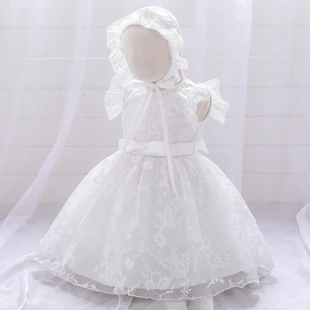 Lito Angels Vestido de Bautizo Bordado Blanco Ropa Bautismo con Gorro Capó para Bebé Niña Talla 3-24 Meses