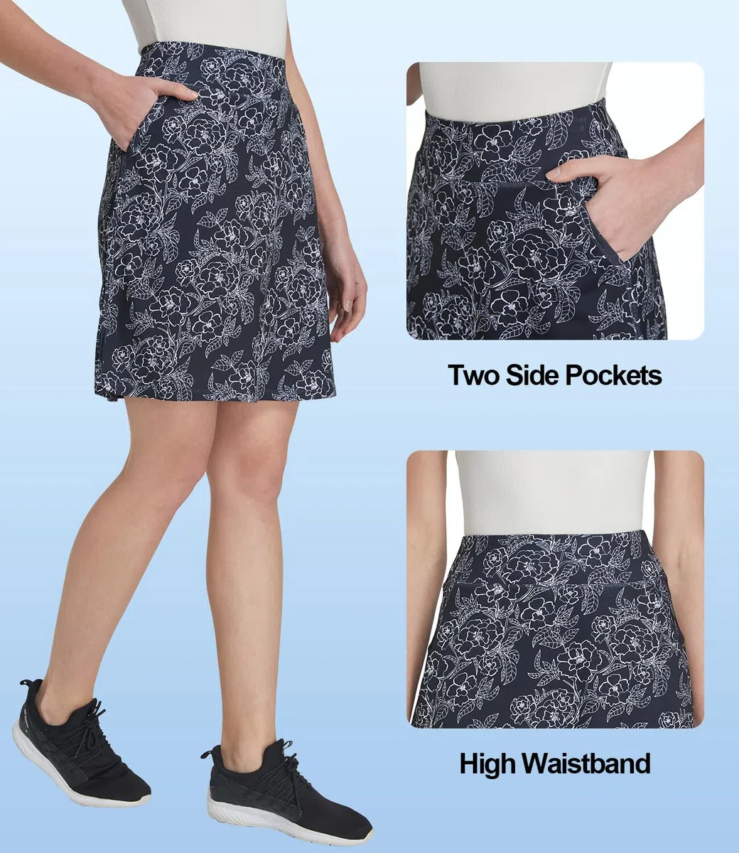 Faldas Deportivas Mujer Skort hasta la Rodilla Falda con Pantalones Debajo Falda de Senderismo con Bolsillos Ropa B-Flores Negro M