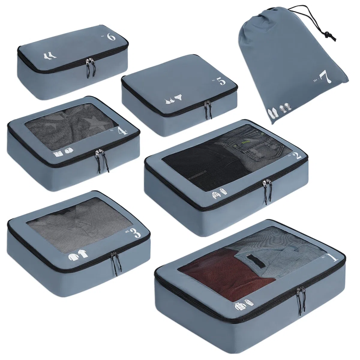 ECOHUB Organizador Maleta de 7 Piezas Packing Cubes de Resistente al Desgarro Organizador Mochila Ecológico Organizador de Viaje Organizador de Equipaje Cubos de Embalaje para Ropa, Zapatos (Gris)