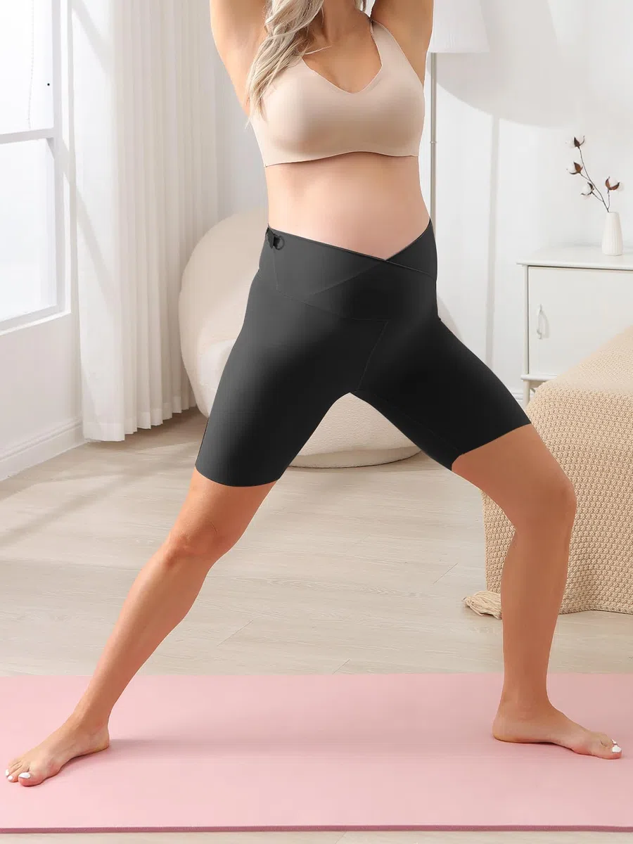 Maternidad Pantalones Cortos,Leggings Premamá Cortos Embarazo,Ajustable Ropa Premamá Verano Mujer,Premamá Leggins Pantalones sobre el Vientre,Cintura Alta para hogar,Yoga,Deporte Negro L