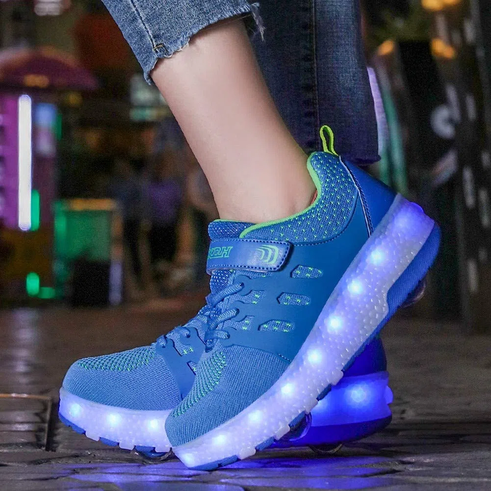 Zapatillas luminosas LED para niños con ruedas con botón de presión ajustable, patines en línea, para deportes al aire libre, fitness, gimnasia, zapatillas de correr, Double Wheel Light Blue,