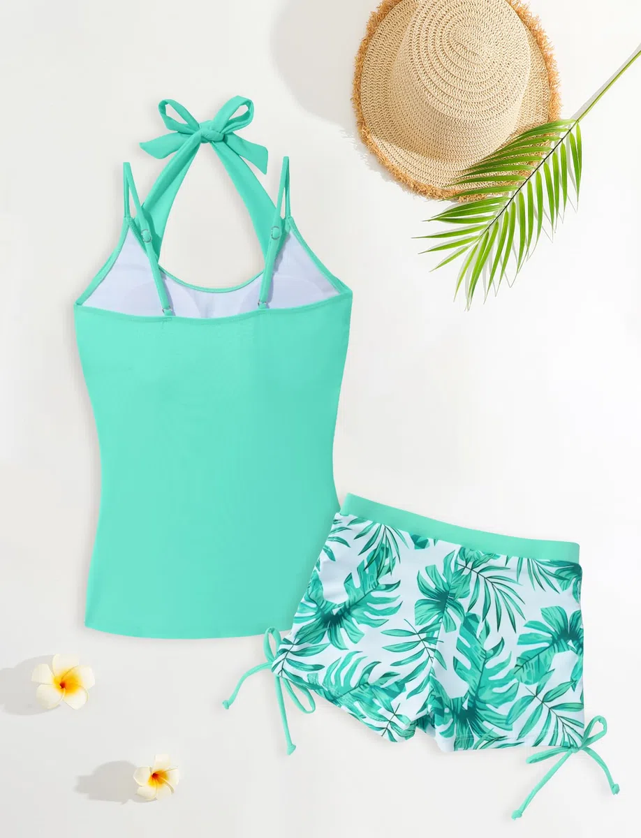 Happy Cherry Bañador para niña de 2 piezas, tankini con tirantes, bañador estampado con cordón, traje de baño para adolescentes, vestido de baño de verano