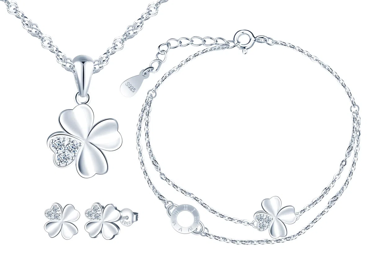 Conjunto joyas de 3 piezas, collar de plata trébol para mujer, pulsera de cadena trébol, y pendientes de trébol para niña, plata de ley 925 juegos de joyas para novia mamá hija fiesta