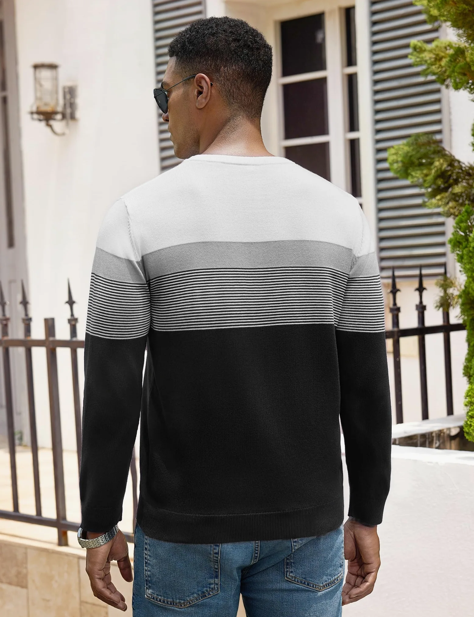 iClosam Suéter de Punto a Rayas con Cuello Redondo para Hombre Jersey de Manga Larga Corte Entallado