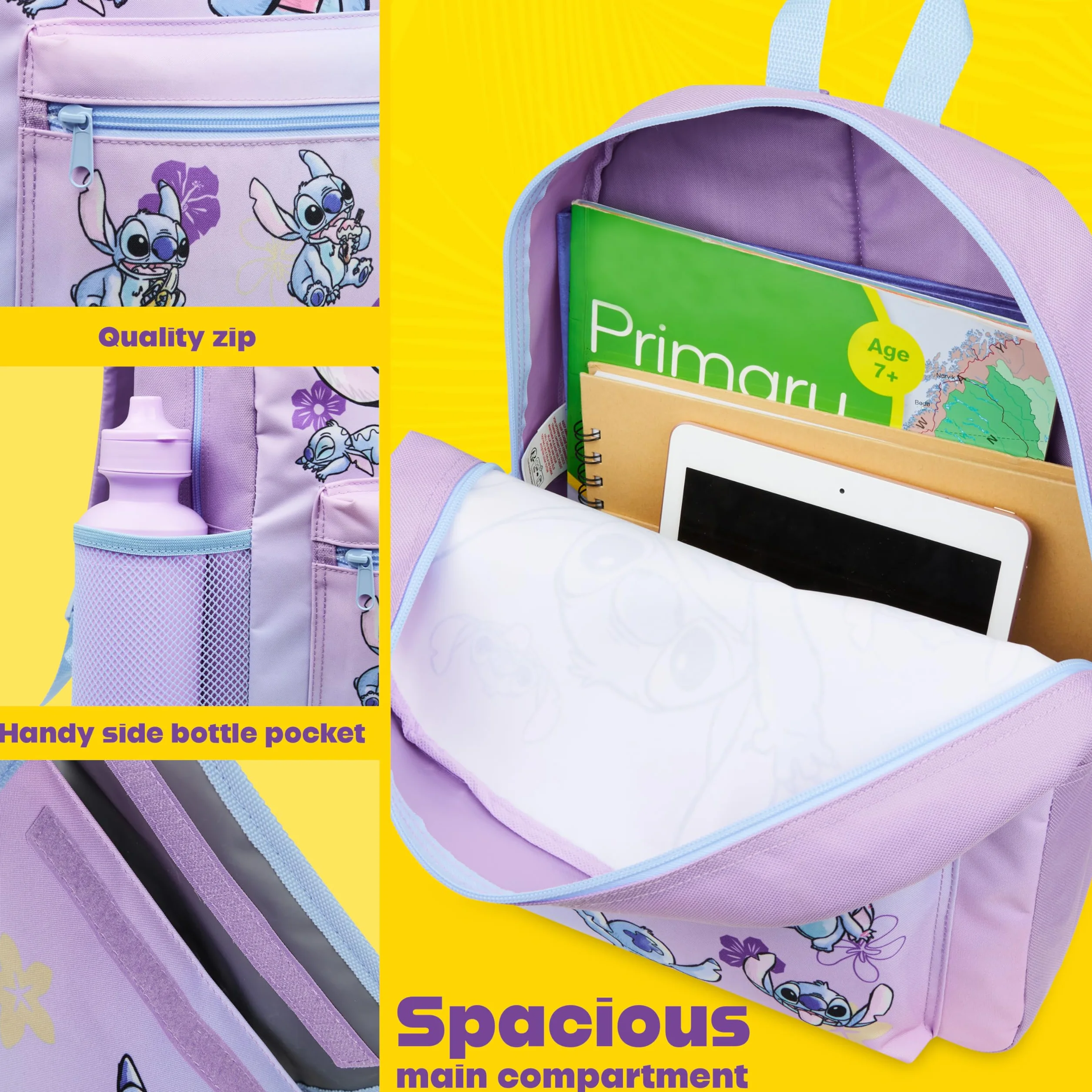 Disney Stitch Mochila Escolar Niña Adolescente Chica con Estuche Infantil Botella de Agua y Bolsa de Almuerzo Set de Material Escolar 4 Pzs