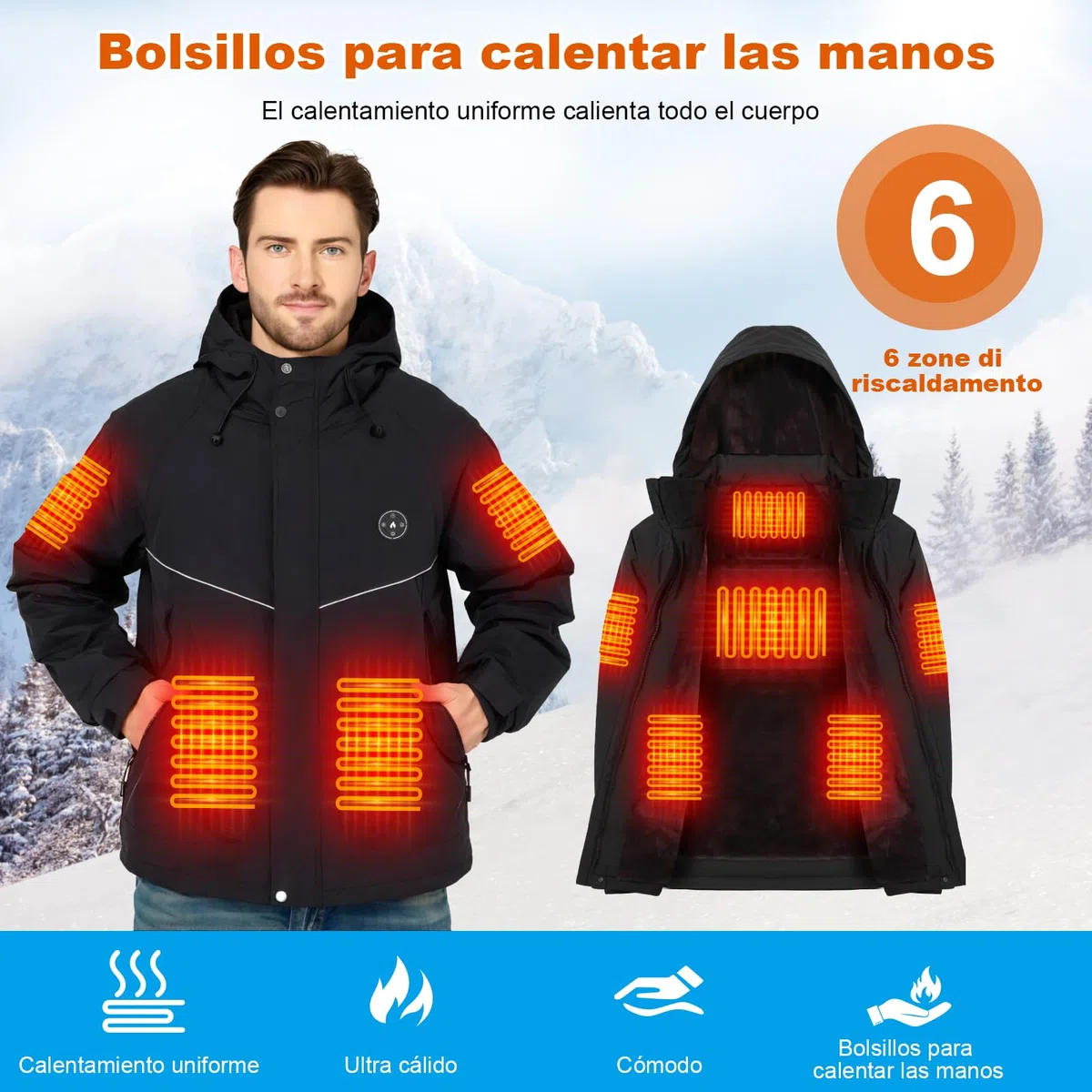 Chaqueta Calefactable Hombre con Forro Polar y Brazalete, Batería 20000mAh 7.4V, 6 Zonas de Calefacción y 3 Niveles de Temperatura, Chaqueta Impermeable e Impermeable de Invierno para Esquí