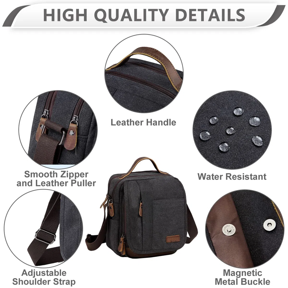 VASCHY Bolso Bandolera Hombre Pequeño de Lona y Cuero, Resistente al Agua, 7,7 L, Cabe iPad 10,2", Bolsillo Trasero Antirrobo, Múltiples Bolsillos, Para Trabajo y Viaje, Gris Oscuro