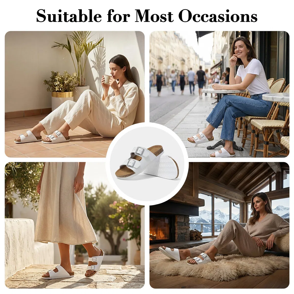 Sandalias y Mules Mujer con Dos Hebillas Ajustables Comodas Cuero Sandalias Planas de Corcho, Ligero Sandalias Ortopedicas con Arch Fit Antideslizante Zapatillas con Punta Abierta 36-42EU