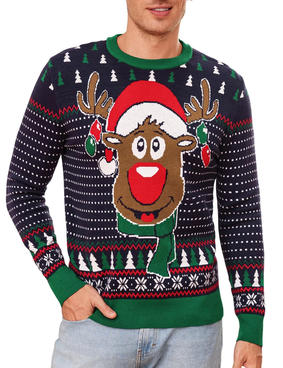 Suéter Navidad Hombre Jerseys de Invierno de Cuello Redondo Suéter de Reno Jerseys Navidad Suave de Manga Larga
