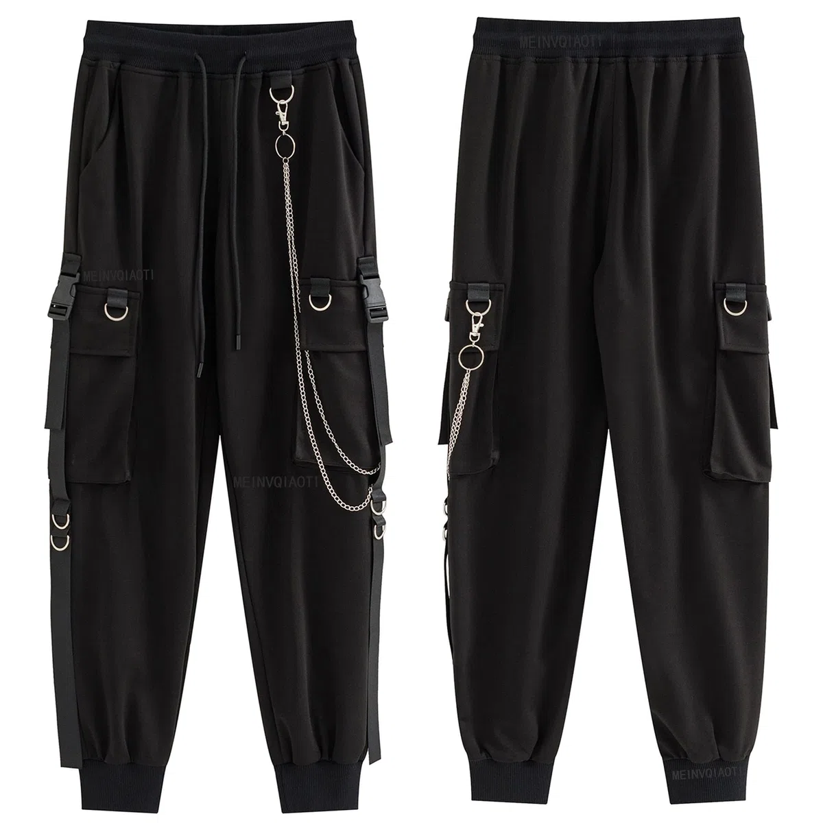 Pantalones Cargo Negros para Mujer, Techwear para Mujer, Sueltos, Estilo Street Rock, Estilo Casual, Pantalones Negros con Cadena, Pantalones góticos