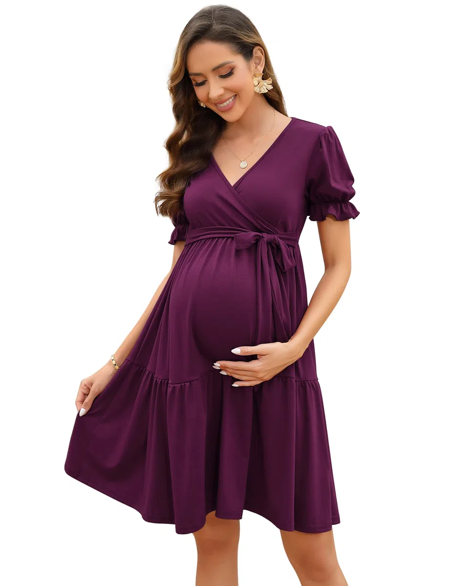 KOJOOIN Vestido De Maternidad para Mujer con Cuello En V Vestido De Enfermería Elegante Manga Farol Vestidos De Maternidad con Volantes