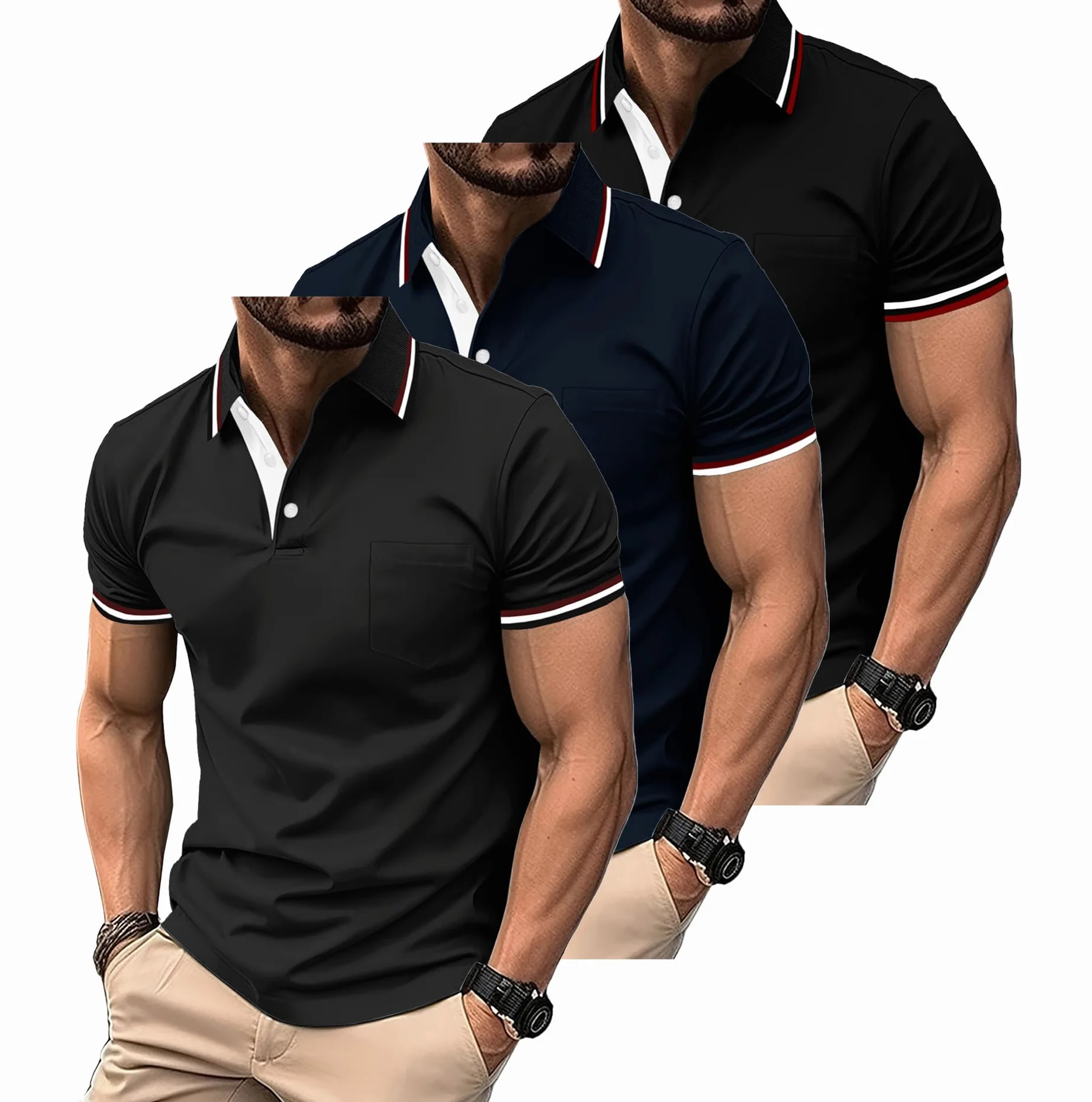 ZITY Polo para Hombre Paquete de 3 Polo Manga Corta Camiseta Golf Trabajo Transpirable Camiseta Informal con Bolsillo Verano Tres Piezas T Shirt para Vacaciones