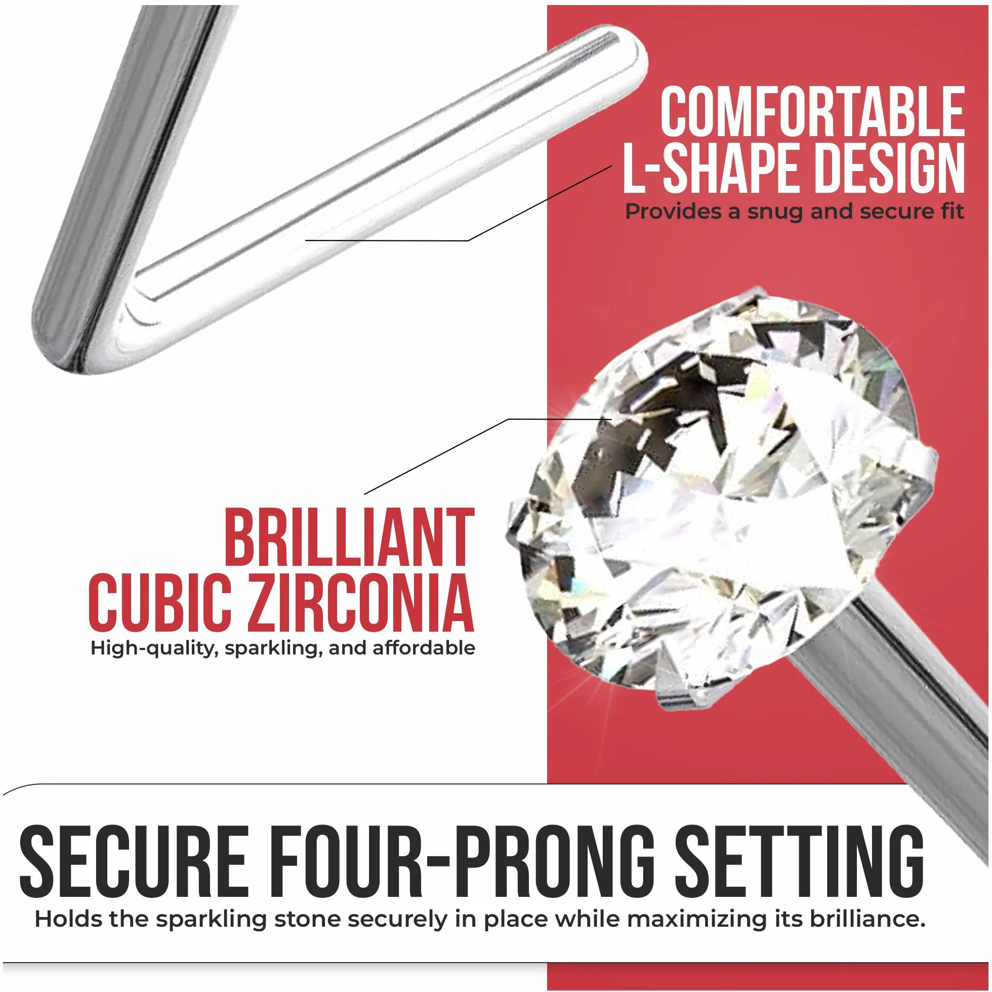 Monster Piercing - Perno/Stud de Nariz con Punto de Luz. Palo en Ángulo. Oro Blanco de 9 Quilates. Piedra: Circonita Blanca Redonda. Calibre: 22G (0,6 mm). Longitud del Perno: 8mm. Hipoalergénico
