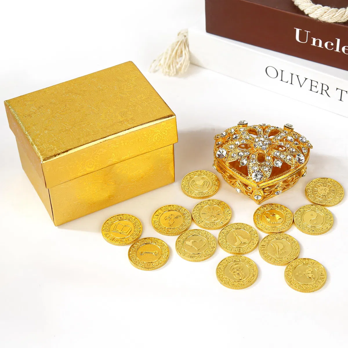 TINGKU 13 Palabras Españolas Las Arras para Boda Catolica, Conjunto de monedas de unidad de boda con caja en forma de corazón, Aras de Matrimonio-monedas de oro 5D