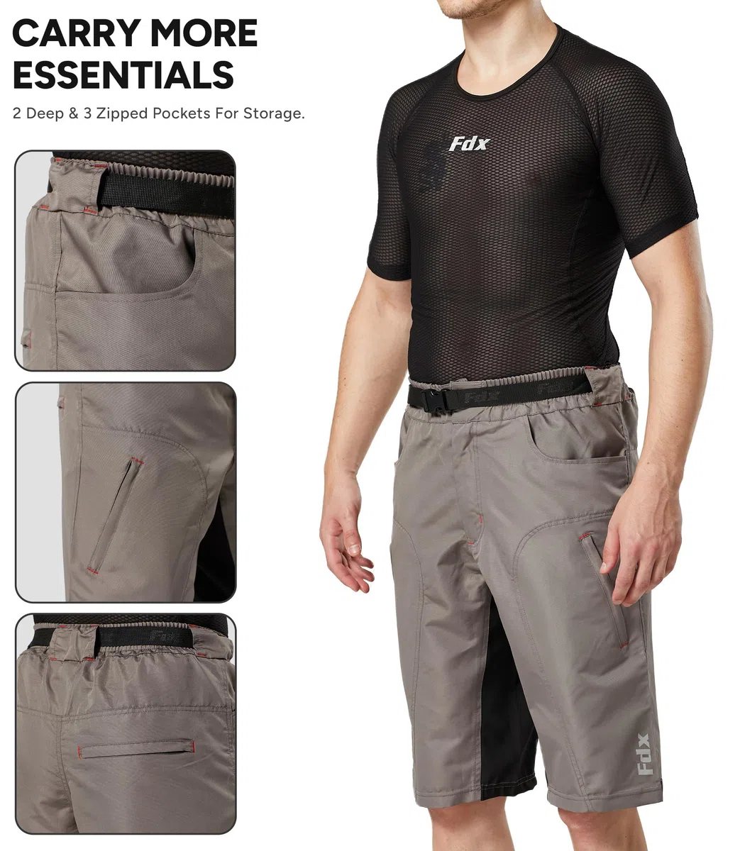 FDX Pantalones Cortos MTB Hombre, Ligeros, con Forro Acolchado extraíble, Transpirables, de Secado rápido y Bolsillos Cargo, Ideales para Entrenamiento Deportivo